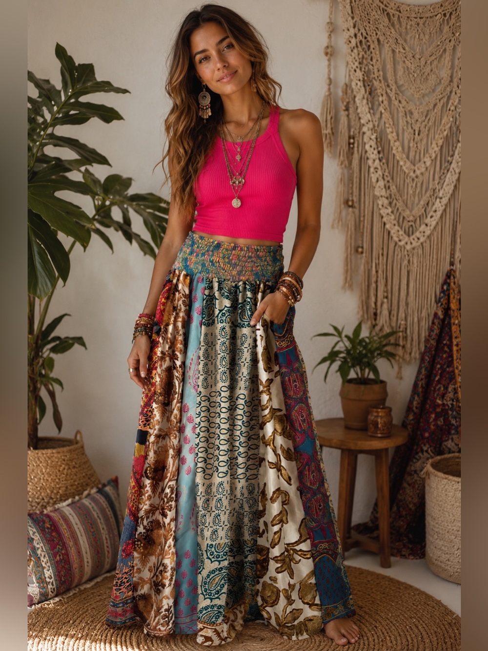 POL Patchwork Wide-Leg Boho Pants in Hot Pink & Multicolor - Picture 3 of 6